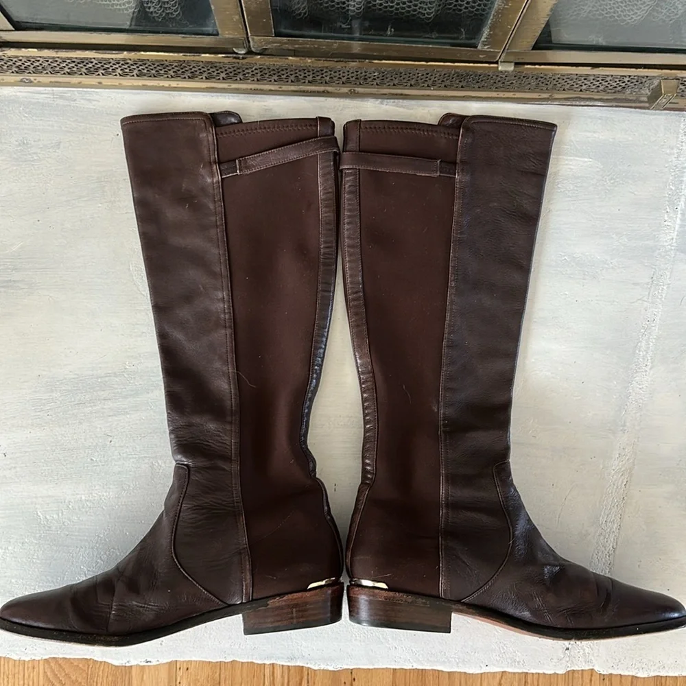 Coach Lilac Tall Boots Brown Leather Fabric Stretch Panel Size 10 Buckle Classy - Picture 6 of 16